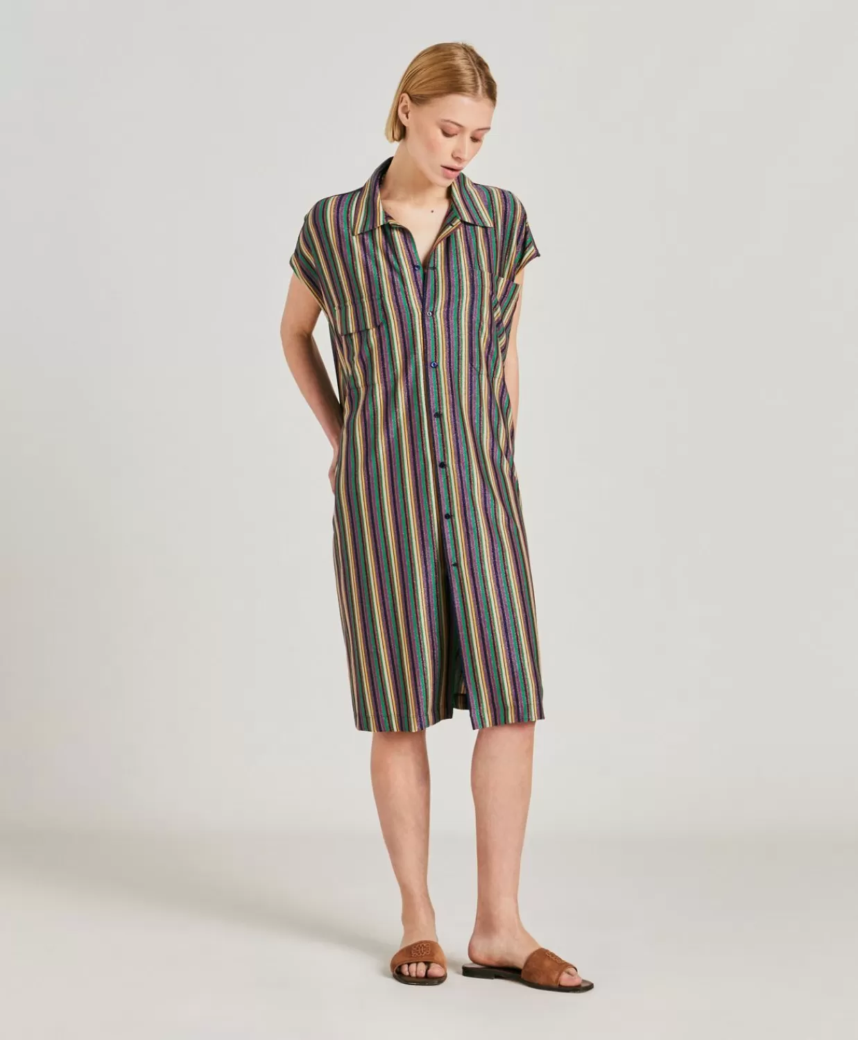 Outlet Colorado Gestreepte Lurex Jersey Jurk - Veelkleurig Groen Vrouwen Kleren