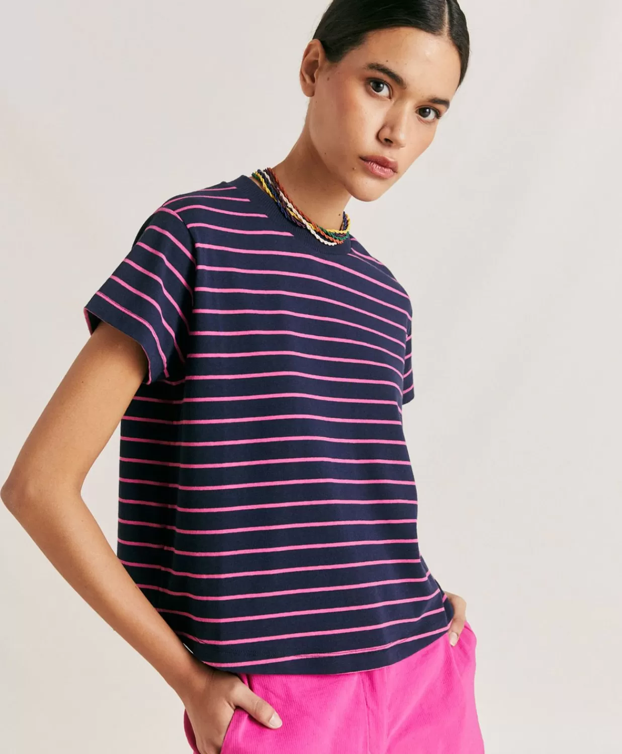 Hot Lottie Gestreept Jersey T-Shirt - Fuchsia/Blauw Vrouwen T-Shirts En Tops