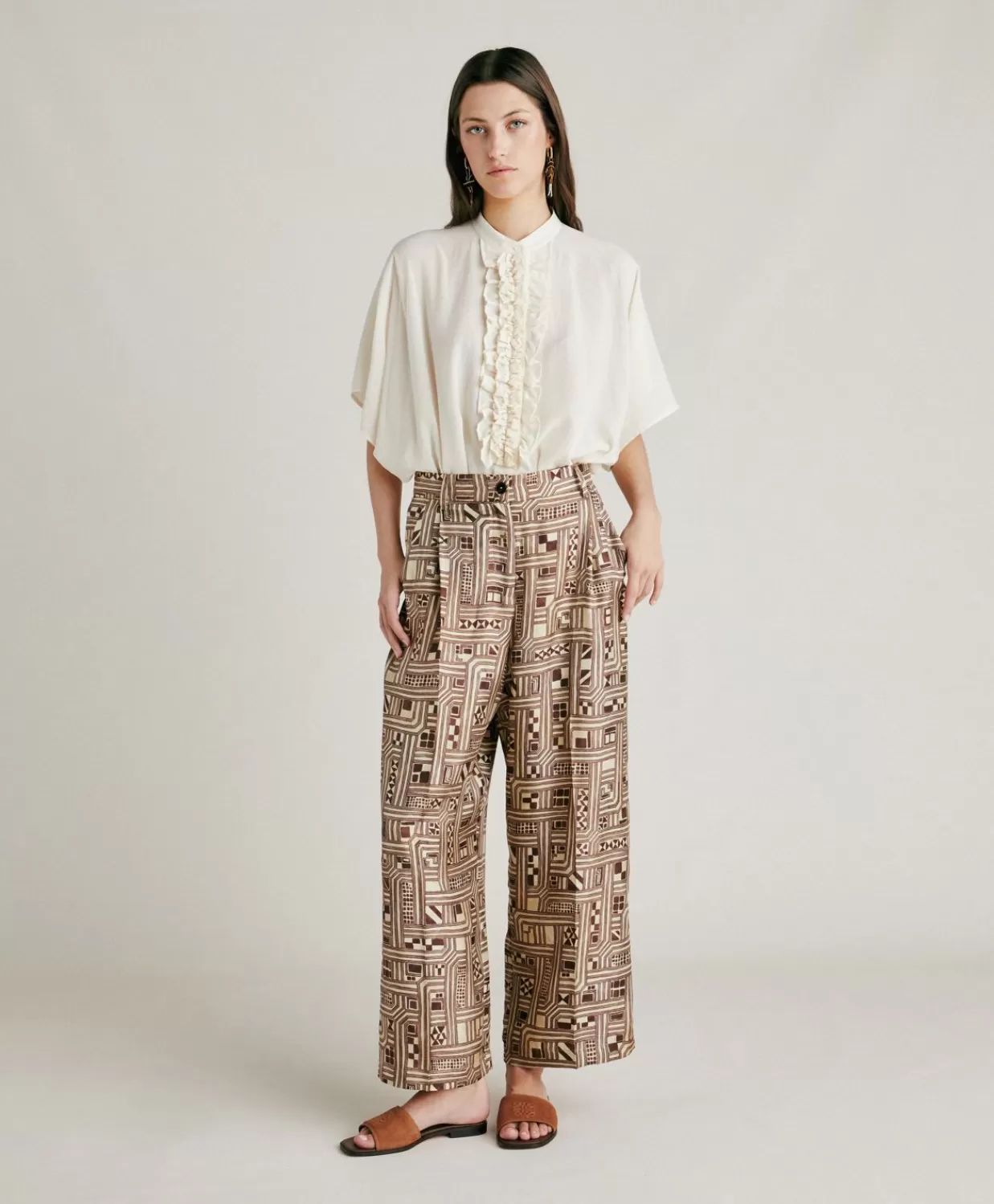 New Magnisi Zijden Twill Broek - Beige/Tabak Vrouwen Broeken En Korte Broeken